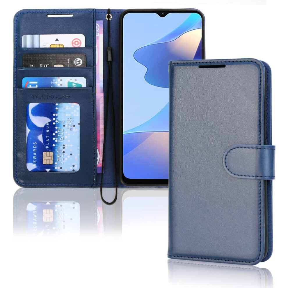 TECHGEAR Leather Wallet Case for Oppo A54s, Flip Protective Case Cover with Wallet Card Holder, Stand & Wrist Strap - Blue PU...