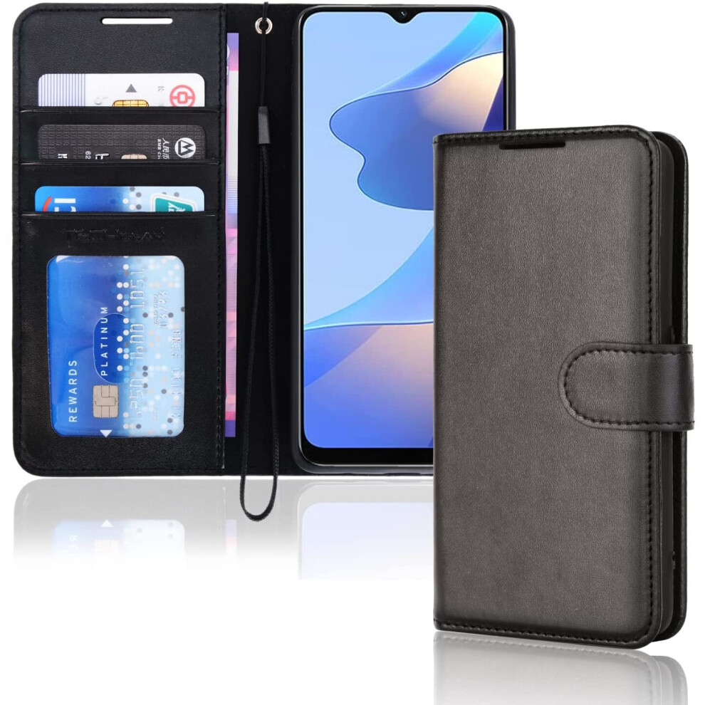 TECHGEAR Leather Wallet Case for Oppo A54s, Flip Protective Case Cover with Wallet Card Holder, Stand & Wrist Strap - Black PU...