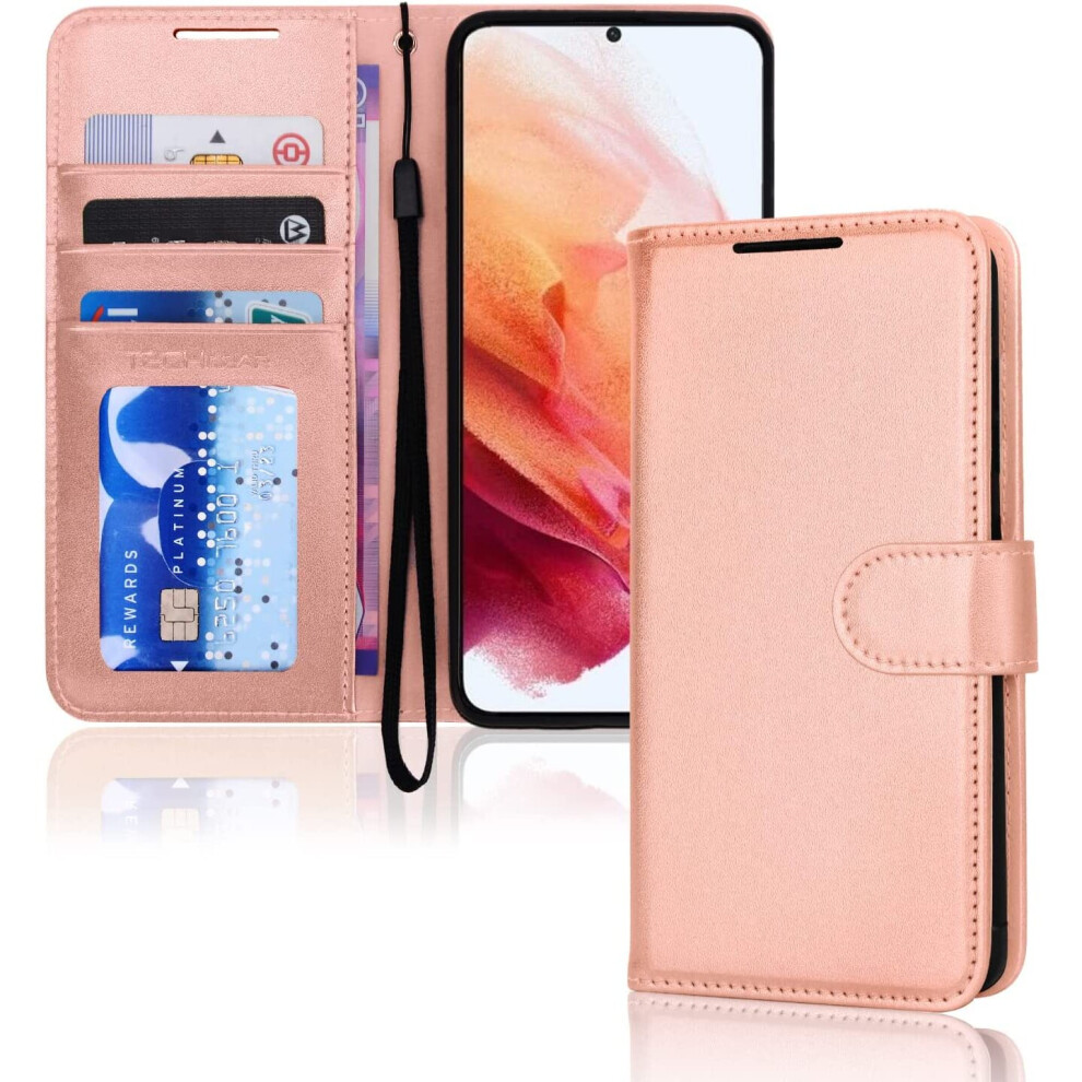 TECHGEAR Galaxy S21 FE 5G Leather Wallet Case, Flip Protect Case Cover with Wallet Card Holder, Stand and Wrist Strap - Rose...