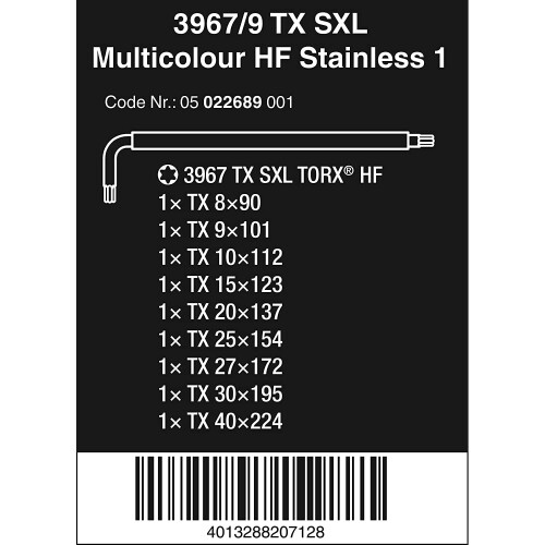 Wera Wera 3967/9 TX SXL Multicolour holding function Stainless TORX® L-key set, TX8-TX40, 9pc, 05022689001 1