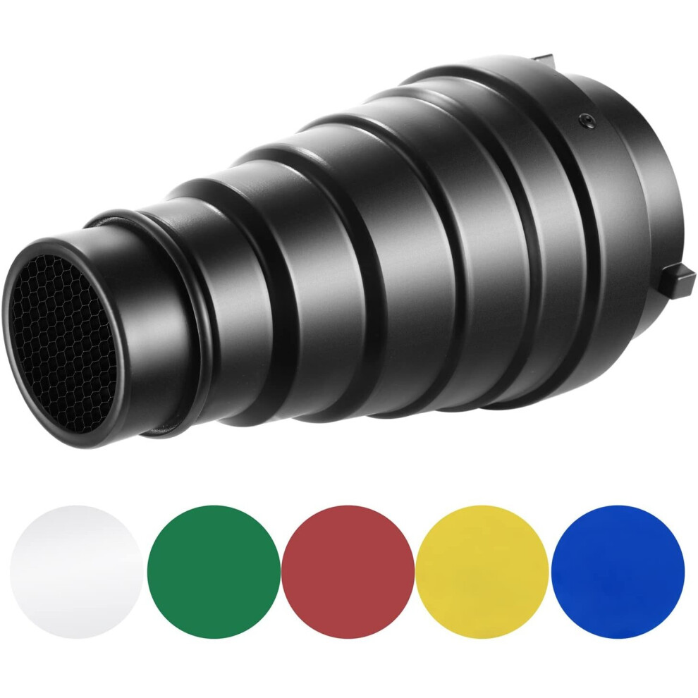 Neewer Large Aluminium Alloy Conical Snoot Kit With Honeycomb Grid And 5 Pieces Color Gel Filters For Bowens Mount Studio Strobe Monolight Photography