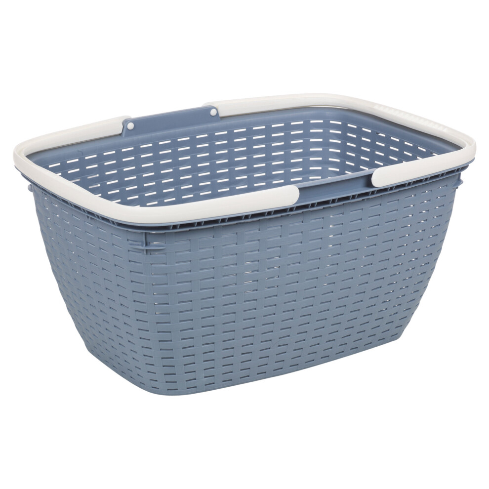 (Blue) Plastic Rattan Shopping Basket Box Folding Handle