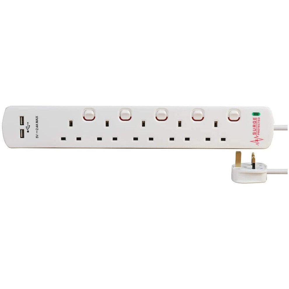 Pro Elec 8518SU SURGE 5 Gang 2 USB Surge Protected Extension Lead, 2m Length, White