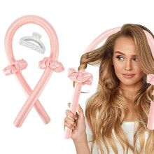 (Pink) Youngshion Heatless Sleeping Hair Roller Set Soft Silk Curler Headband with Scrunchies and Clip for DIY Long and Medium Hairstyle