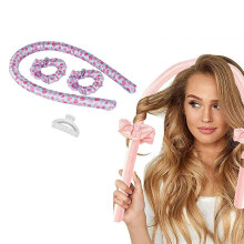 (Heart Shaped Print) Youngshion Heatless Sleeping Hair Roller Set Soft Silk Curler Headband with Scrunchies and Clip for DIY Long and Medium Hairstyle