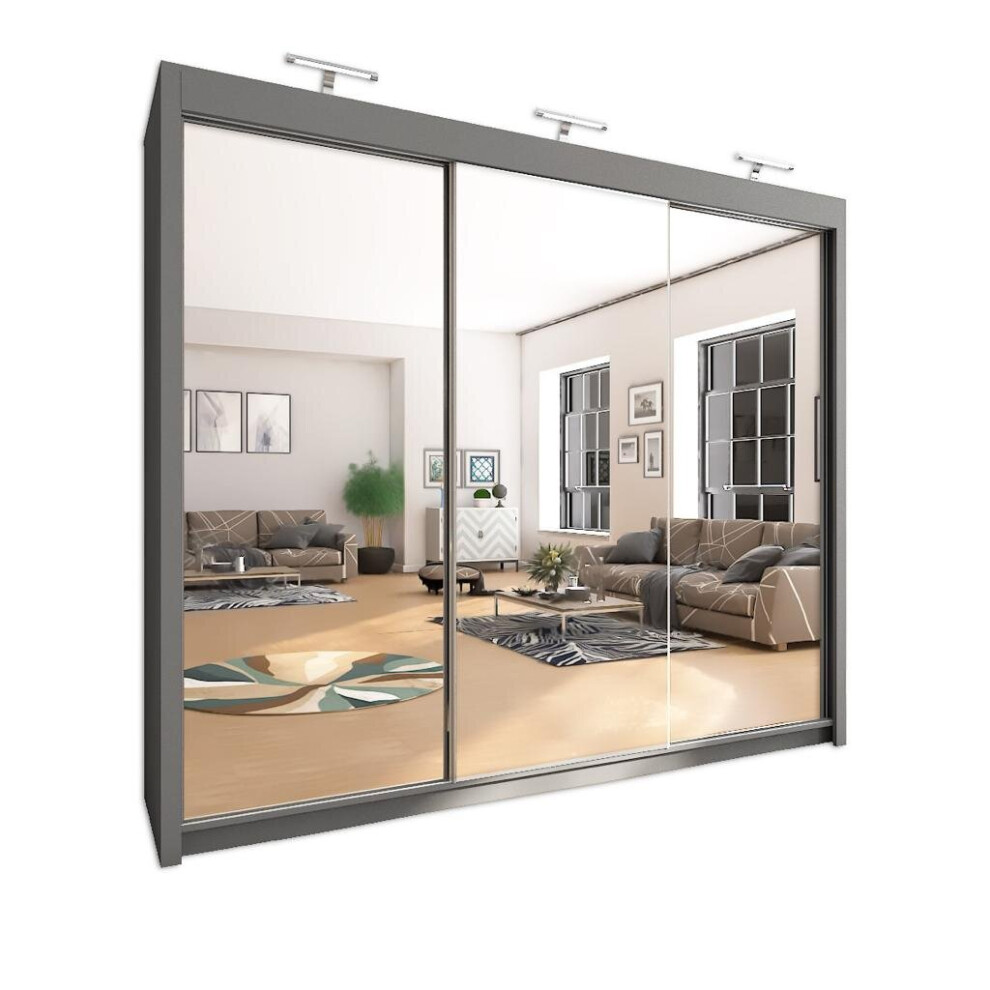 (250cm, Grey) Chicago Sliding Mirror Door Wardrobe For Bedroom
