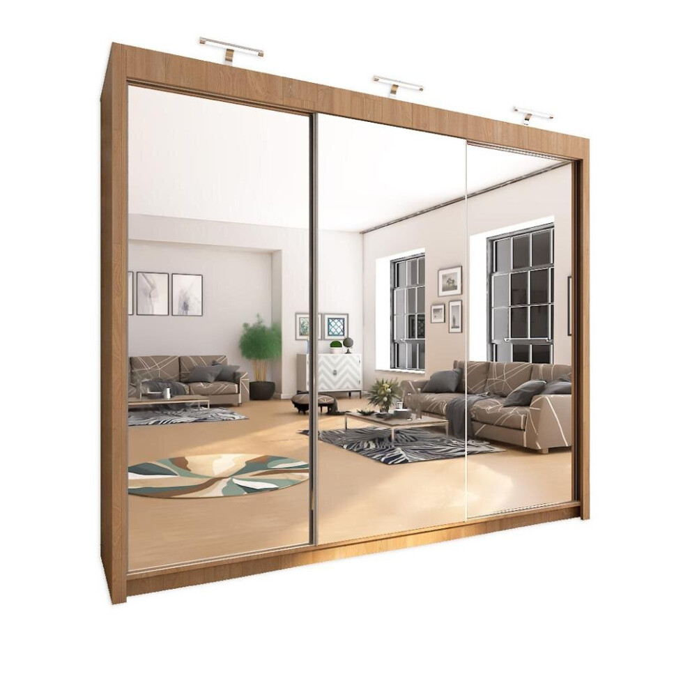 (250cm, Oak) Chicago Sliding Mirror Door Wardrobe For Bedroom
