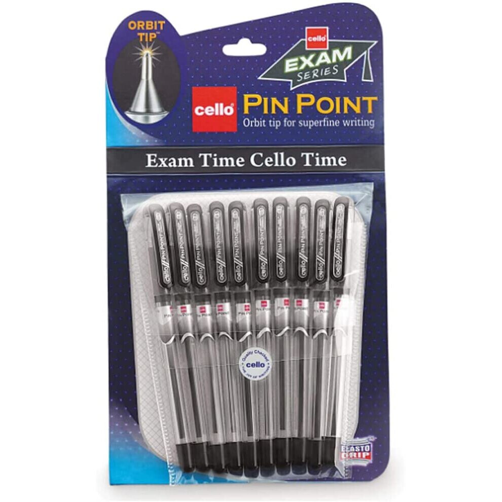 10 X Cello Pinpoint Fine Write Ball Point Pen Black Ink 0.5 Mm Tip