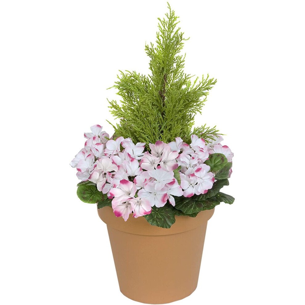 GreenBrokers Pink Artificial Terracotta Plastic Patio Planter Geraniums and Cedar Topiary