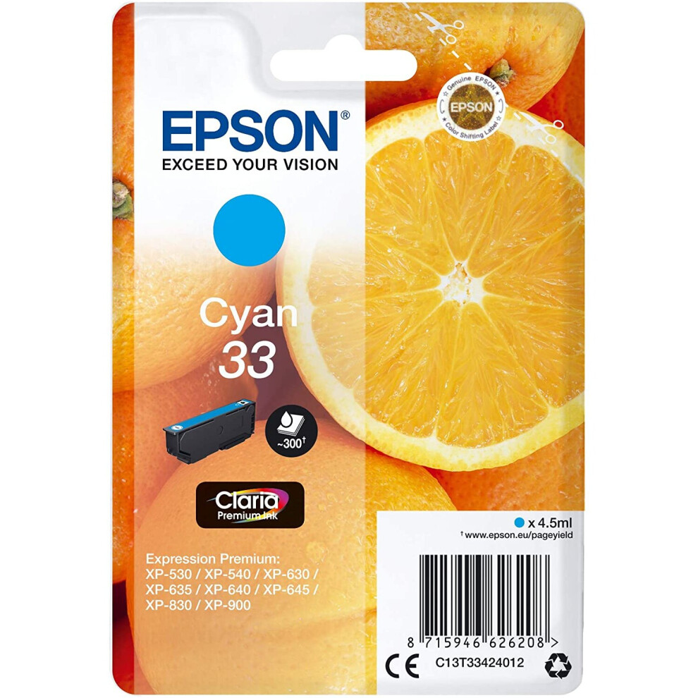 Epson 33 Cyan Oranges, Genuine, Claria Premium Ink, Amazon Dash Replenishment Ready