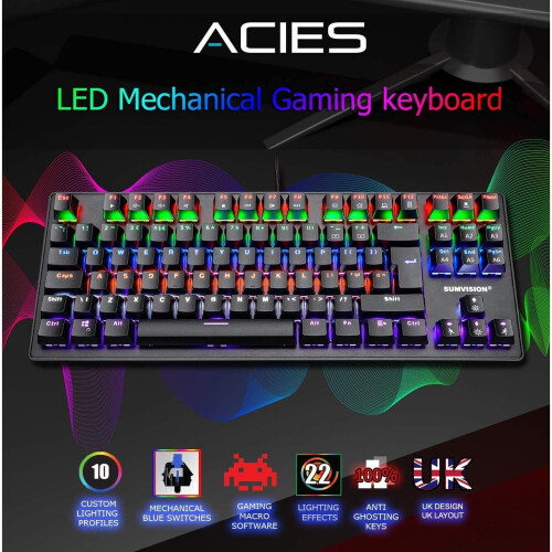 Sumvision Acies Mechanical LED Gaming Keyboard Full Tenkeyless Tkl Multicolour Illuminated 100% Anti-Ghosting for Windows PC Laptops Programmable 1