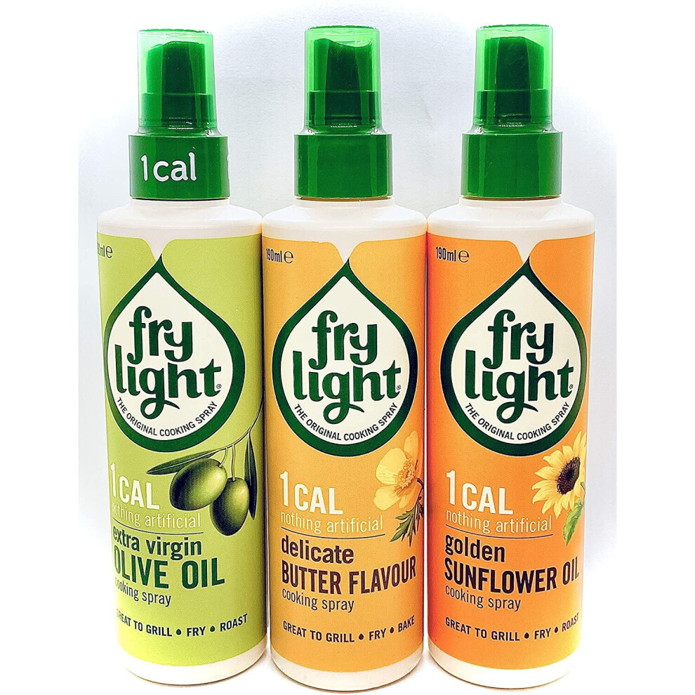 3 x Frylight Mixed 1 x Extra Virgin Olive Oil & 1 x Sunflower Oil 1x Delicate Butter Cooking Spray 190 ml x 3 ( Pack of 3 )