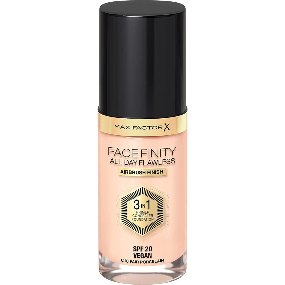 Max Factor Facefinity 3-In-1 All Day Flawless Liquid Foundation, Spf 20 - 10 Fair Porcelain, 30 Ml