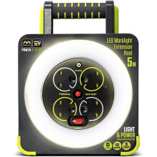Masterplug WLU05134SL-PX Pro-XT LED-arbejdslys med fire stik og kabelrulle, udfoldeligt stativ, termisk afbryder og strømbryder, 5 m høj