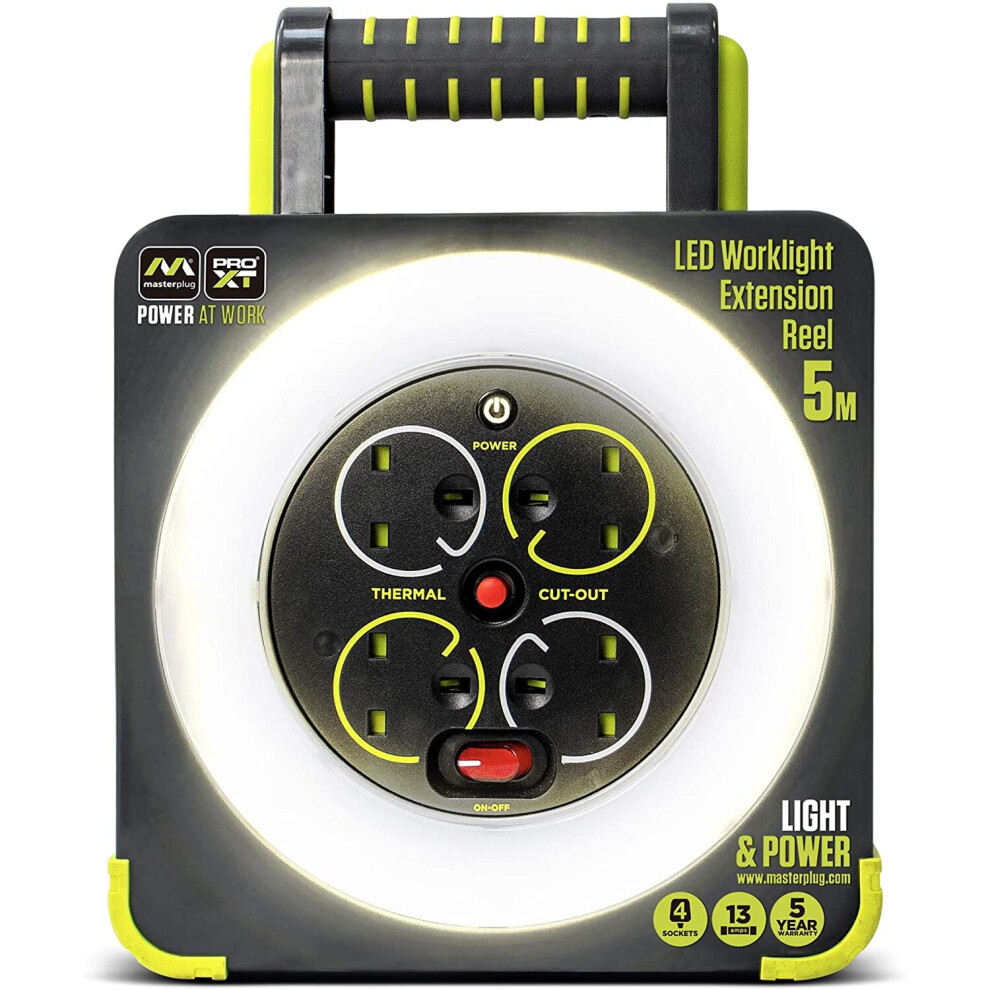 Masterplug WLU05134SL-PX Pro-XT Four Socket LED Work Light Extension Reel with Fold Out Stand, Thermal Cut Out and Power Switch, 5 metre High Visibility Cable, 13 Amp, Grey, 28.35 cm*9.1 cm*22.0 cm - Image 13