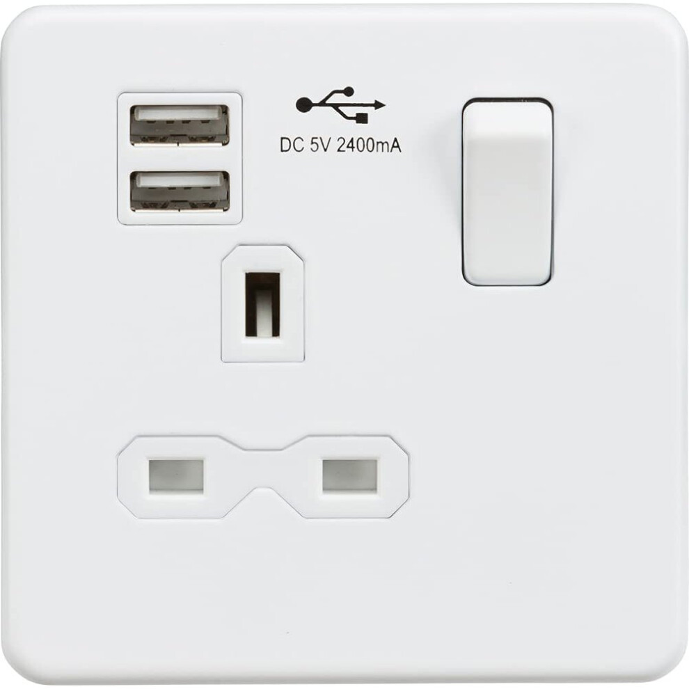 Screwless Single Switched Socket With Dual Usb Charger In Matt White 5056270808681