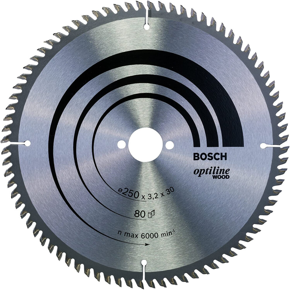 Bosch 2608640660 Optiline Wood Circular Saw Blade for Bench, 250mm x 3.2mm x 30mm, 80 Teeth, Blue