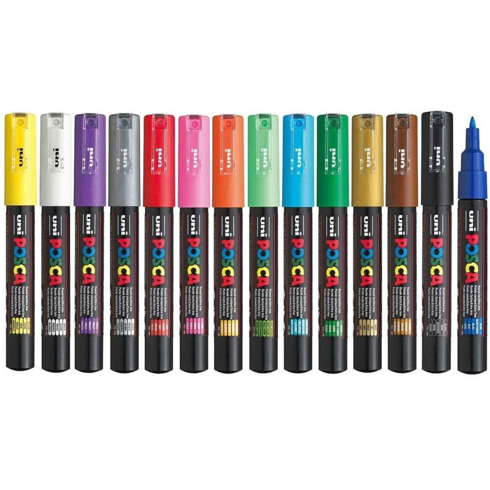 Posca PC-1M Assorted Colour Extra Fine Pack Paint Marker Pens 1mm Bullet Tip Nib Writes On Any Surface Glass Metal Wood Plastic Fabric (1 Of Each