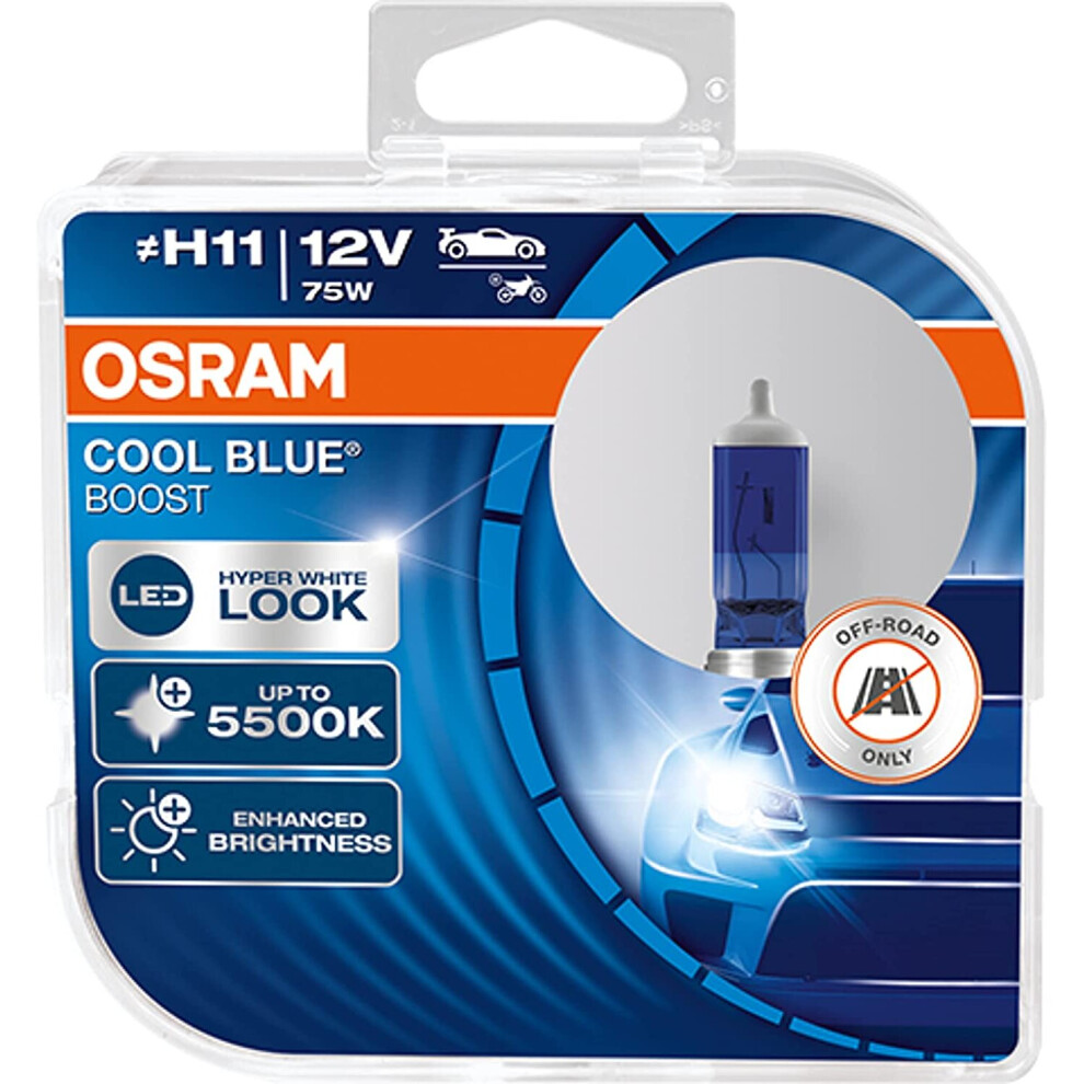 OSRAM COOL BLUE BOOST H11, halogen headlight lamp, 62211CBB-HCB, 12 V passenger car, duobox (2 units)