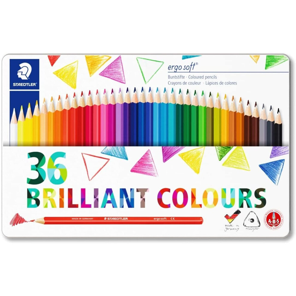 STAEDTLER 157 M36 Ergosoft Triangular Colouring Pencil, Assorted Colours, Tin of 36