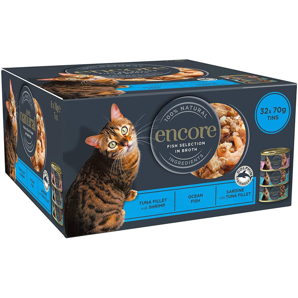 Encore 100% Natural Wet Cat Food Multipack Fish Selection, 70G Tins (Pack Of 32)