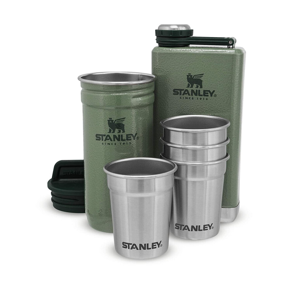 Stanley Adventure Pre-Party Shot Glass + Flask Set Hammertone Green Â Bpa Free Stainless Steel- Stainless Steel Flask - Gift Set - Dishwasher Safe