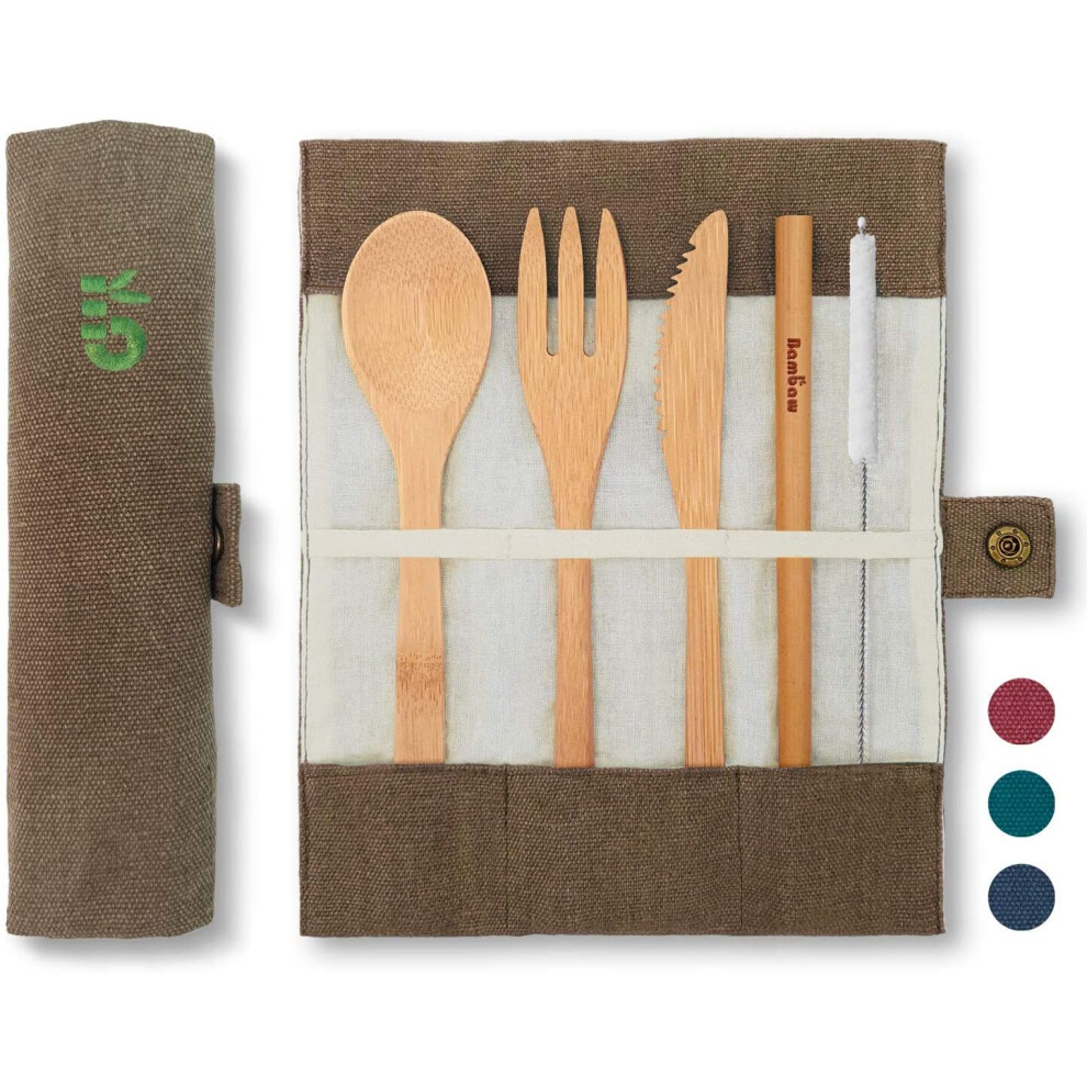 Bamboo Cutlery Set| Travel Cutlery Set | Eco Friendly Flatware Set | Knife, Fork, Spoon and Straw| Wooden Cutlery Set | Camping Cutlery Set with