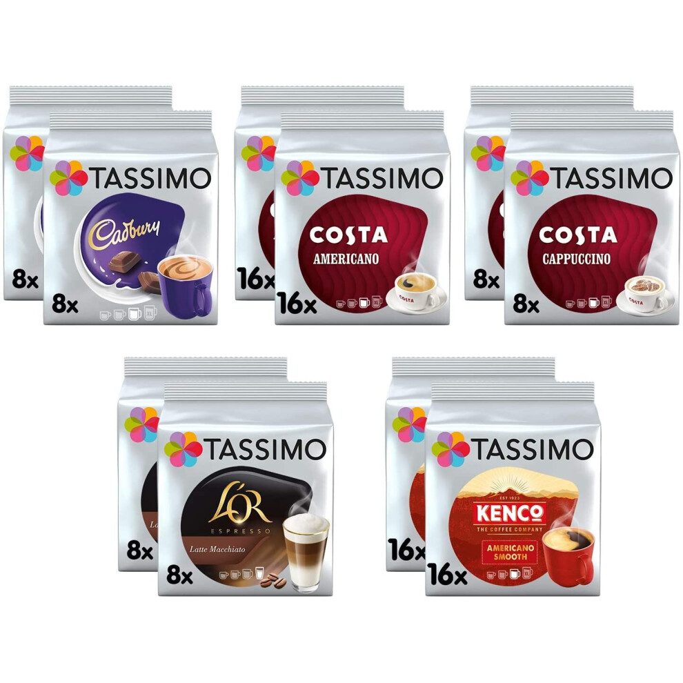 Tassimo Coffee Selection - Costa Cappuccino/Costa Americano/Cadbury Hot Chocolate/L'Or Latte Macchiato/Kenco Americano Coffee Pods - 10 Packs (112