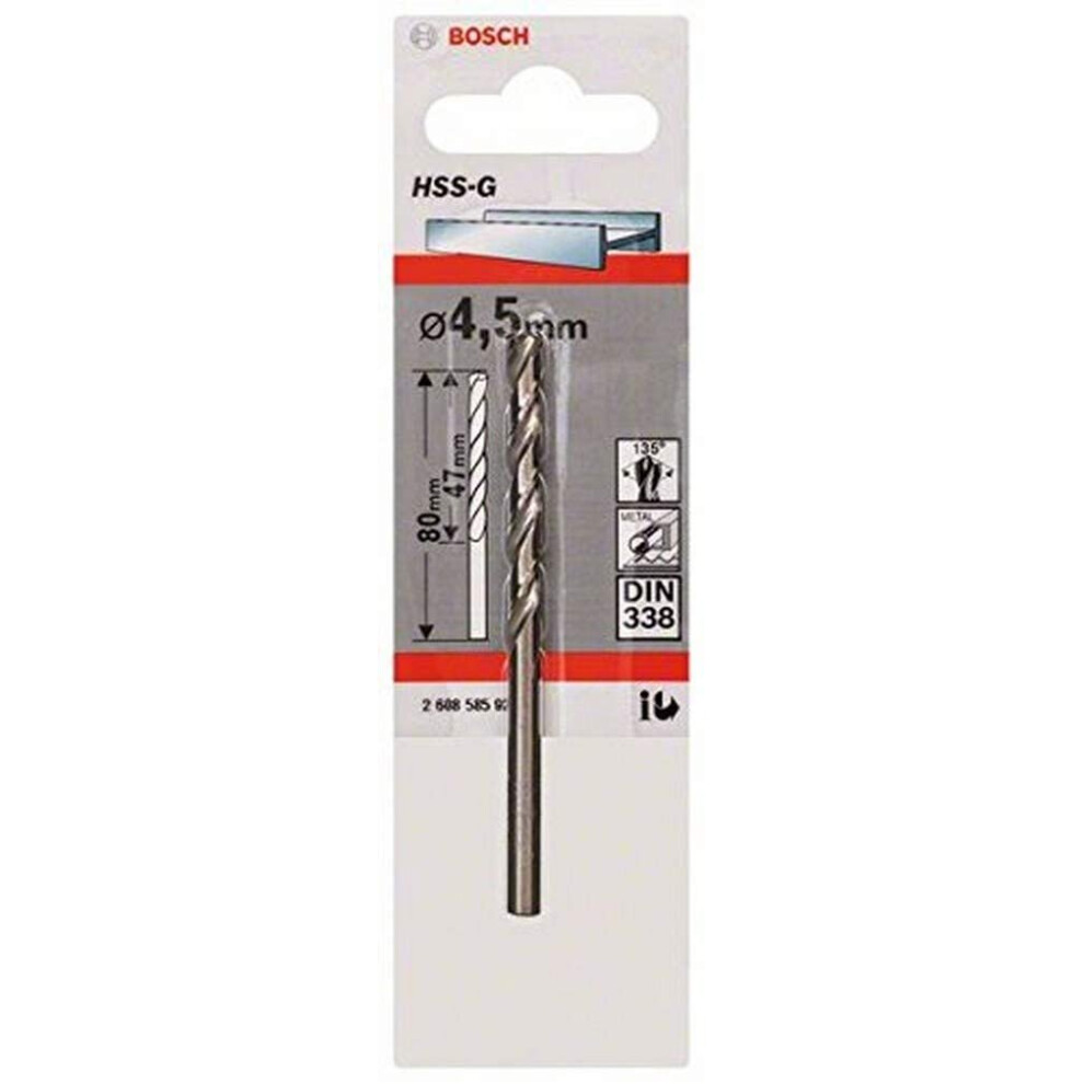 Bosch 2608585920 Din338 HSS-G Metal Drill Bit, 4.5mm x 47mm x 80mm, Silver