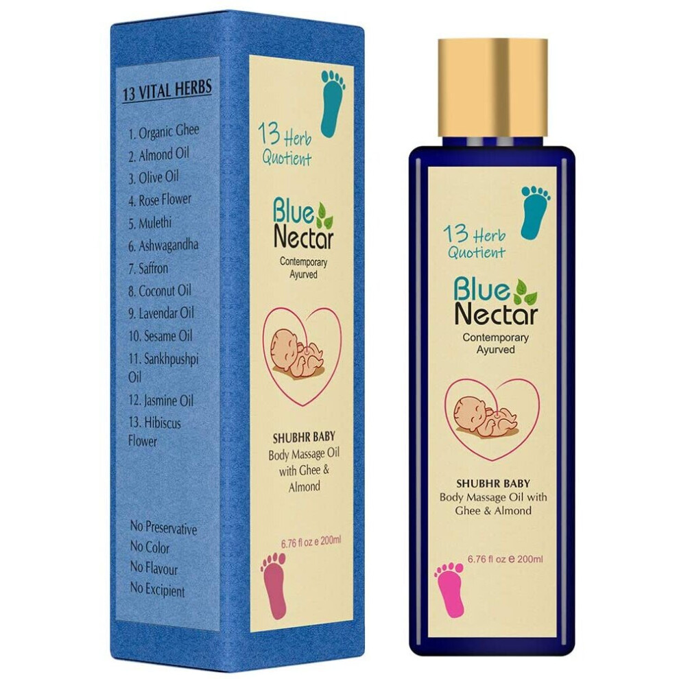 Nectar Ayurvedic Baby Massage Oil With Organic Ghee, Almond Oil & Vitamin E For Healthy Babies (200Ml) Blue Blue Nectar