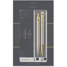 Coffret dúo PARKER IM - Bolígrafo y roller - Metal cepillado - Atributos dorados - Recarga negra