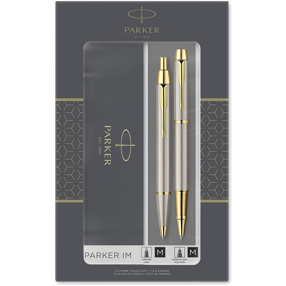 Parker IM Duo Gift Set With Ballpoint Pen & Rollerball Pen, Brushed Metal With Gold Trim, Black Ink Refill & Cartridge, Gift Box