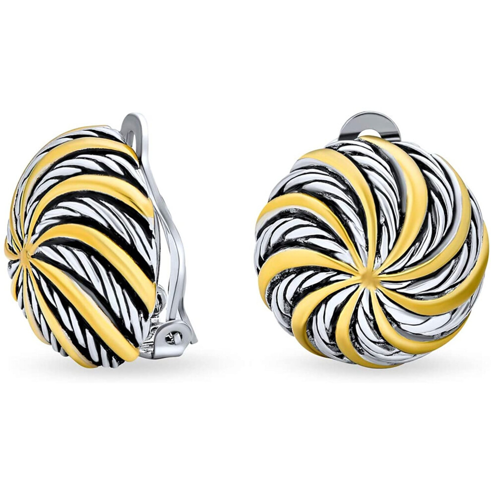 Geometric Swirl Two Tone Round Button Disc Clip On Earrings Non Pierced Ears Black Oxidized Sliver Gold Plated Brass-image-OPC-P8Y9DVG-NEW