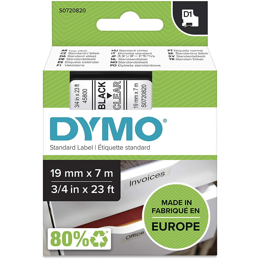 DYMO D1 Labels, Black Print on Clear, 19 mm x 7 m, Self-Adhesive Labels for LabelManager Label Printers, Authentic