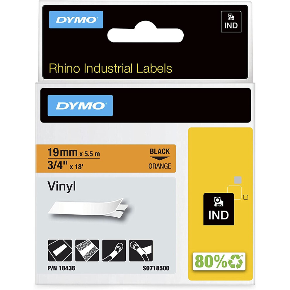 Dymo Rhino Industrial Labels Vinyl 19mm x 5.5m - Black on Orange