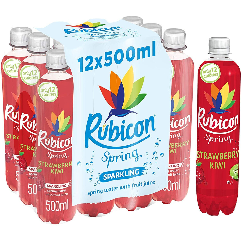 RUBICON Spring Strawberry Kiwi | 12 x 500ml Bottles | Flavoured Sparkling Spring Water, 15 Calories or Less per bottle | Make the Unboring Choice