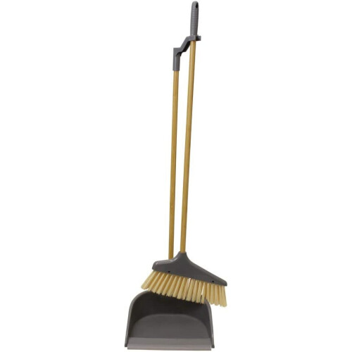 JVL Bamboo Long Handle Dustpan and Bristle Brush Set, Natural