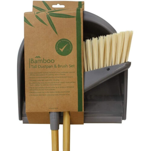 JVL Bamboo Long Handle Dustpan and Bristle Brush Set, Natural 1