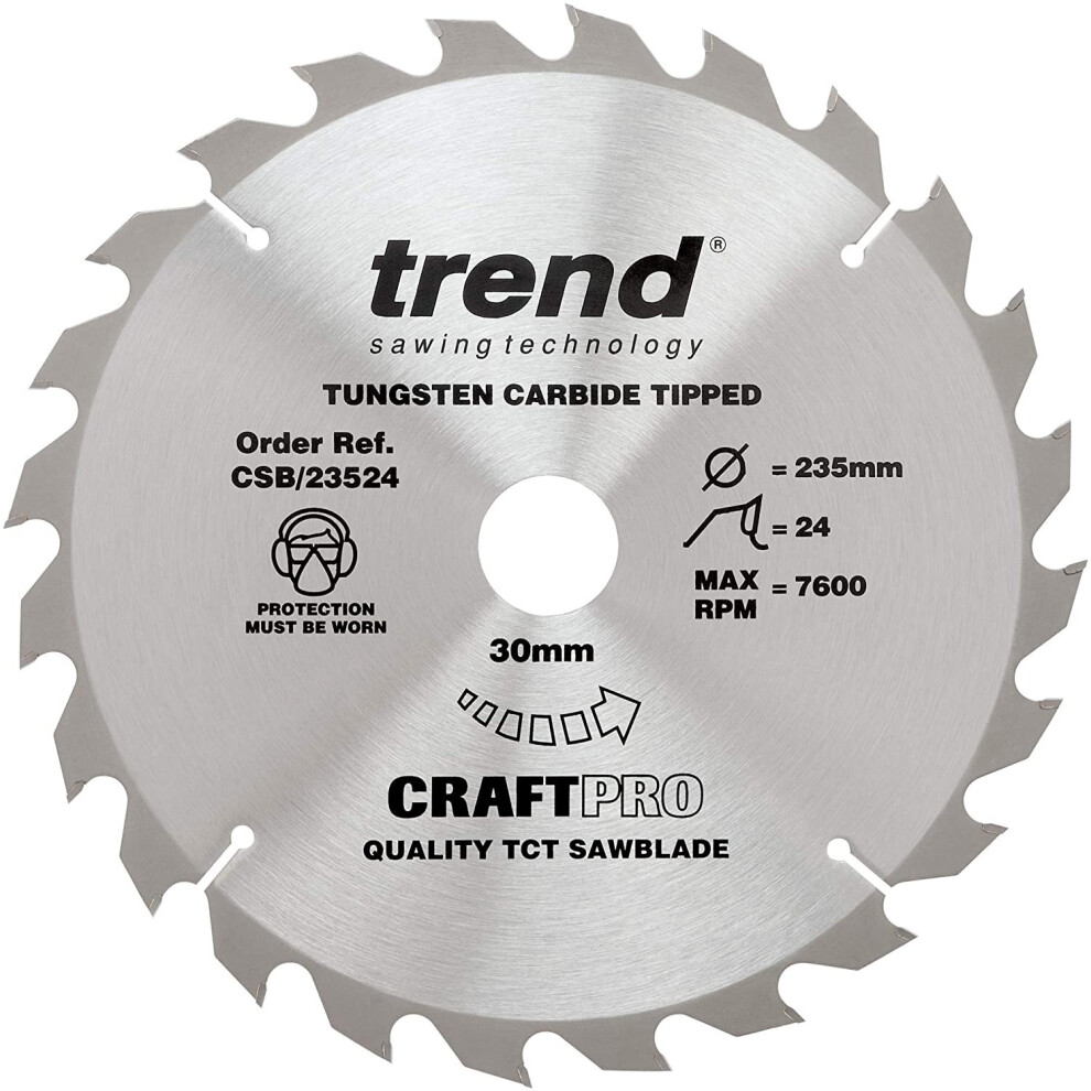 Trend CSB/23524 Craft Pro General Purpose TCT Blade Ideal for Bosch, Makita, Milwaukee, and Hikoki Circular Saws, 235mm x 24 Teeth x 30mm Bore,