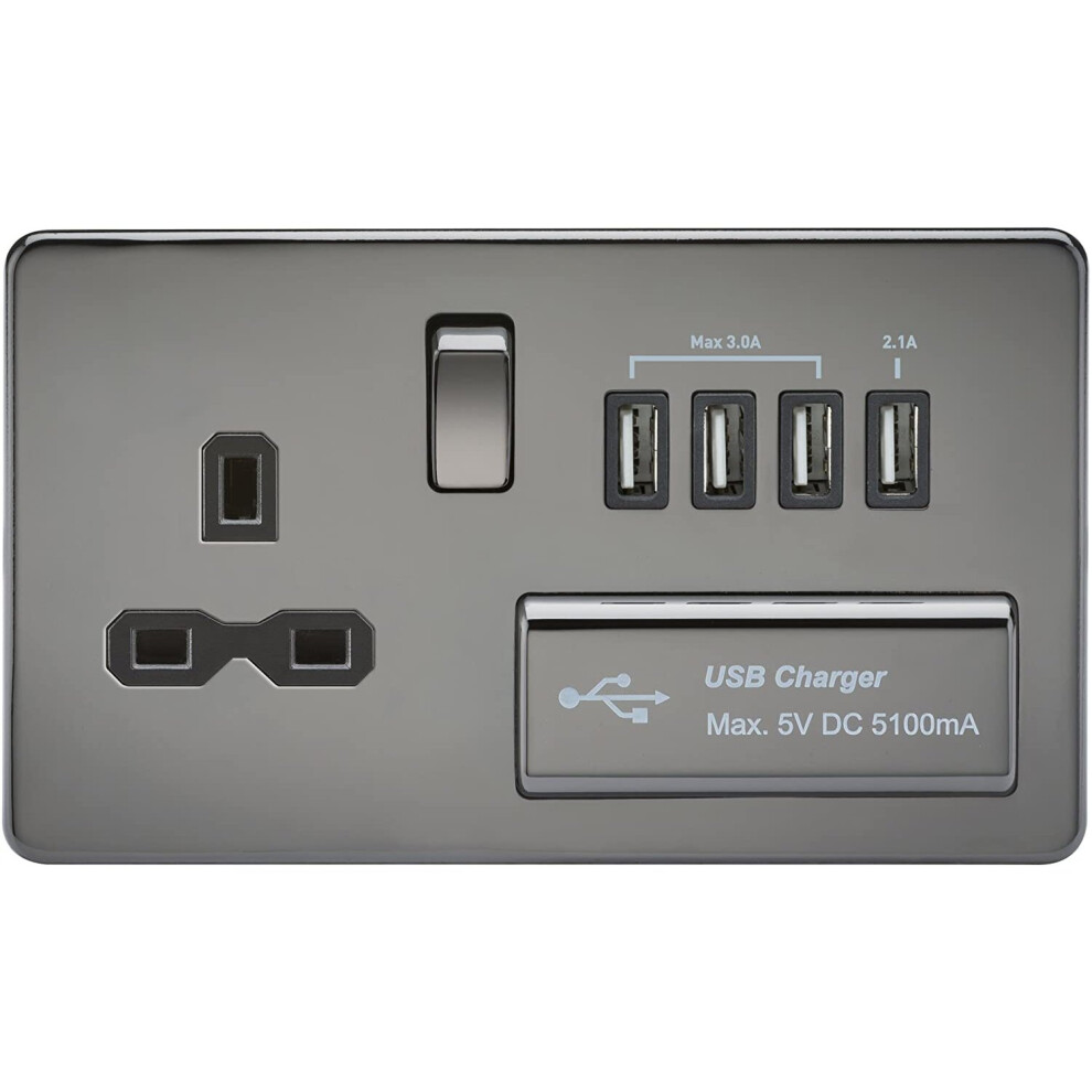 Knightsbridge Sfr7usb4bn Screwless 1G 13A Switched Socket With Quad Usb Charger 5V Dc 5.1A Nickel With Black Insert 5055832945376