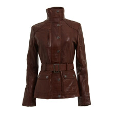 (L) Ladies BROWN Biker Leather Mid Length Belted Jackt