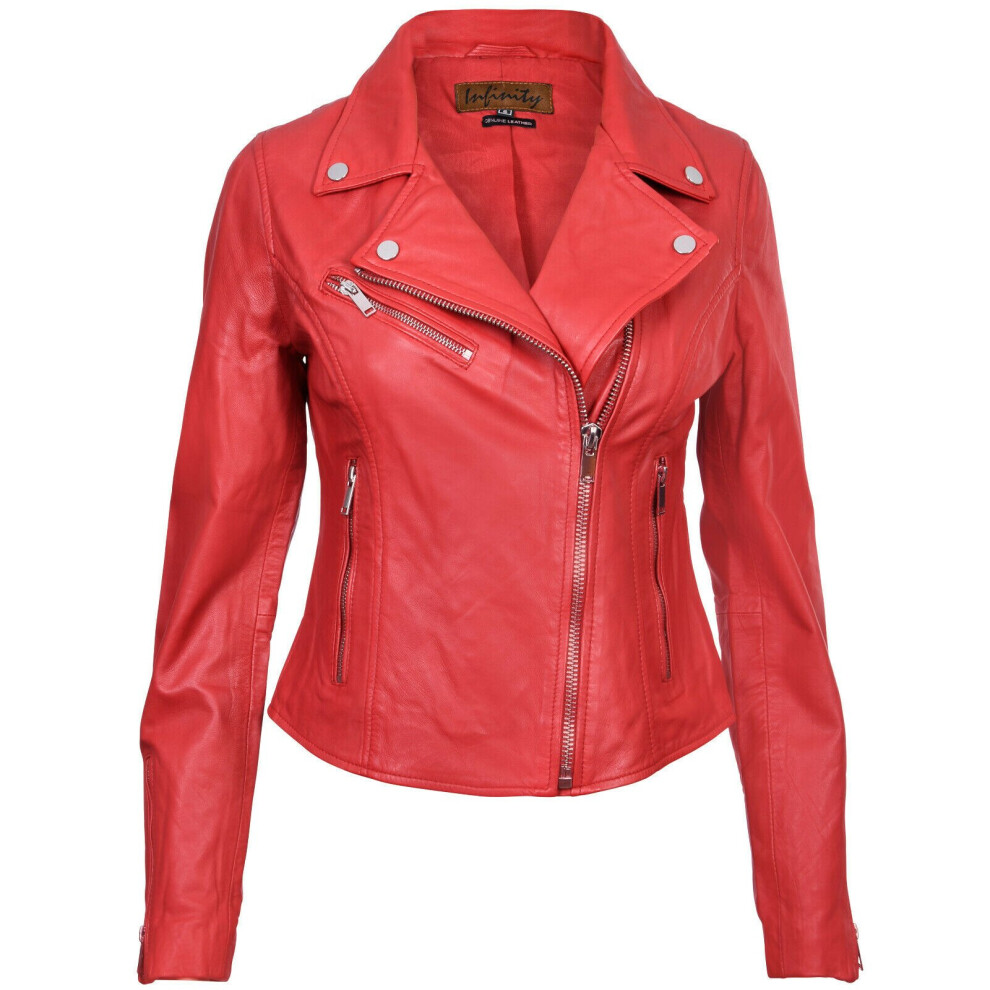 Infinity Leather Women's Red (S) Classic Biker Style Leather Jacket