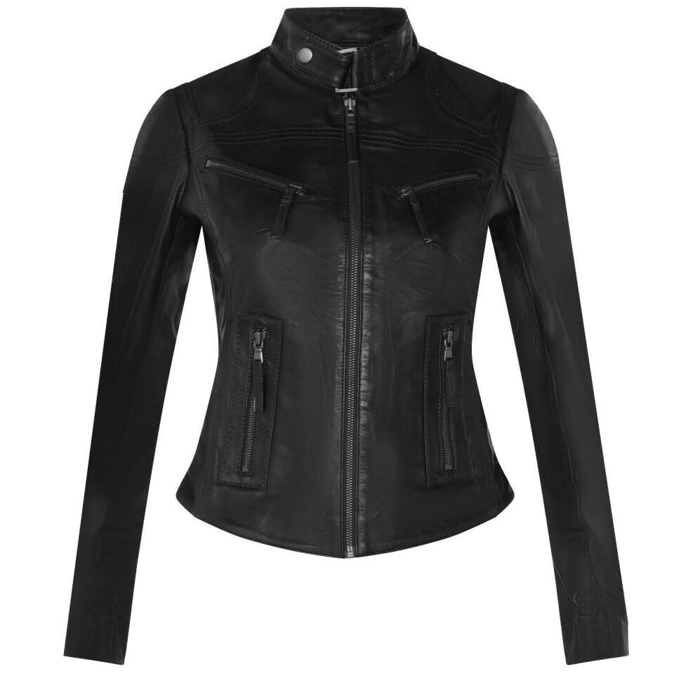 (10) Womens Casual Black Leather Classic Biker Jacket