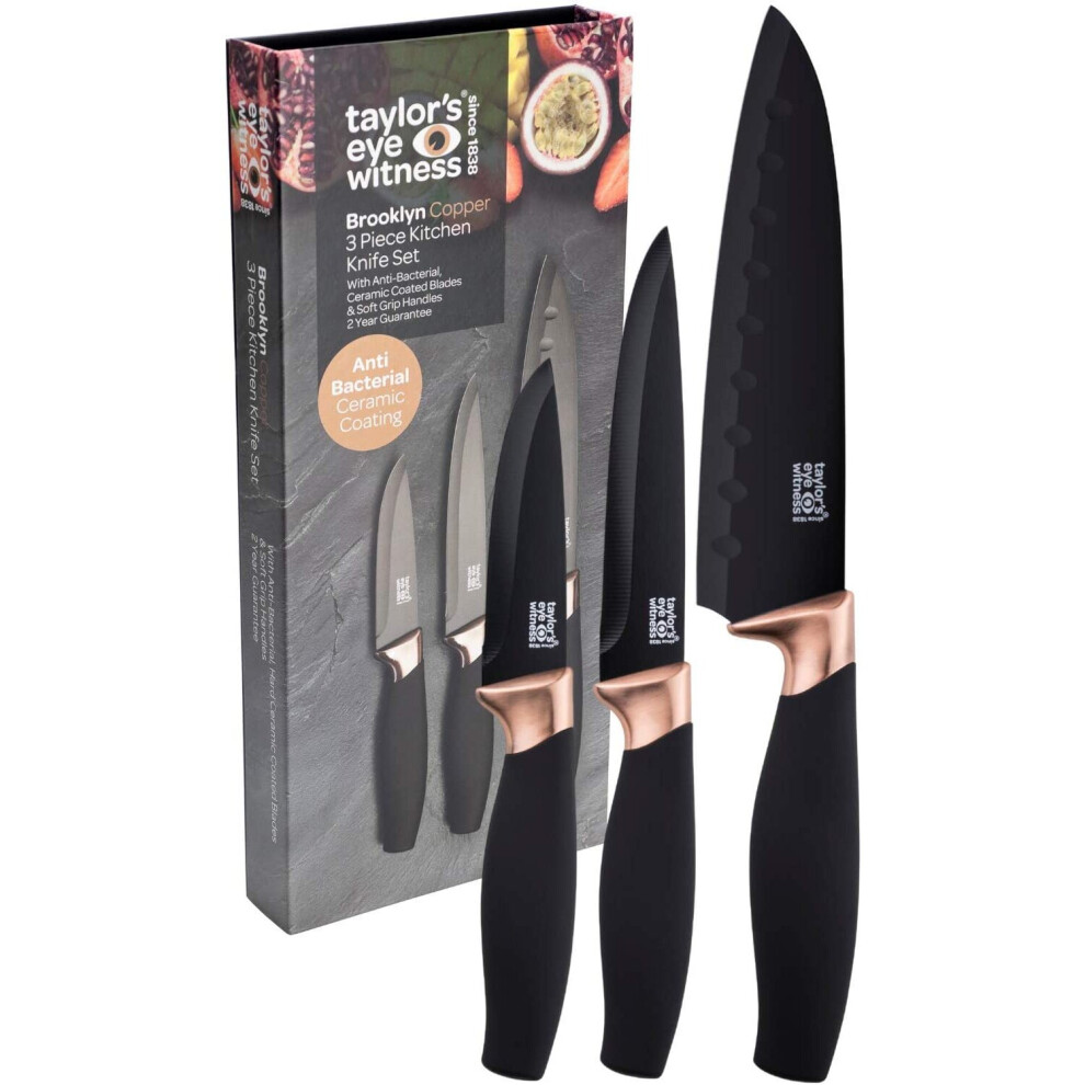 3pc Kitchen Knife Gift Set - Brooklyn by Taylors Eye Witness. Copper Coloured Bolsters, Matching Finely Ground Razor Sharp Jet Black Coated Blades.