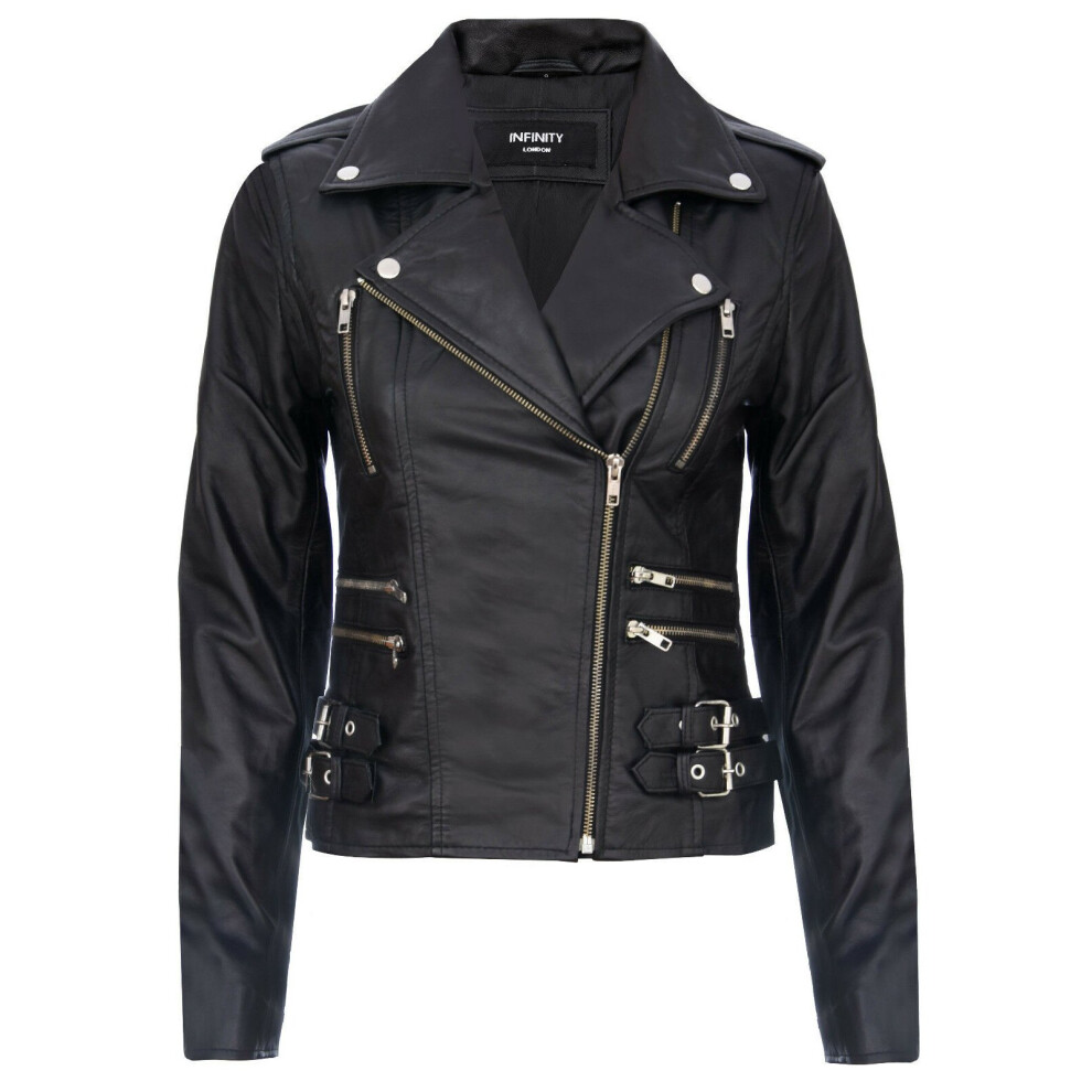 Infinity Leather (14) Ladies Leather Biker Black Lamb Nappa Moto Jacket
