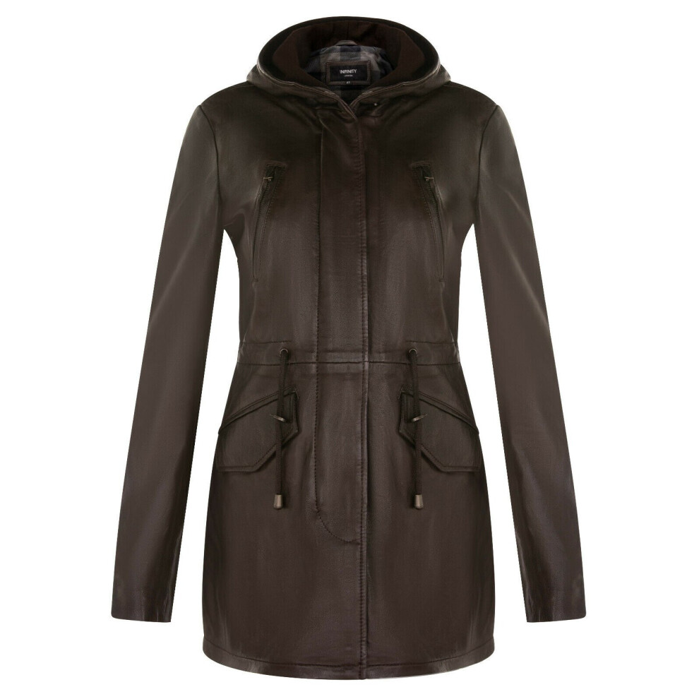 (3XL) Womens Brwn Leather Jackt Hooded Multi-Pocket Coat