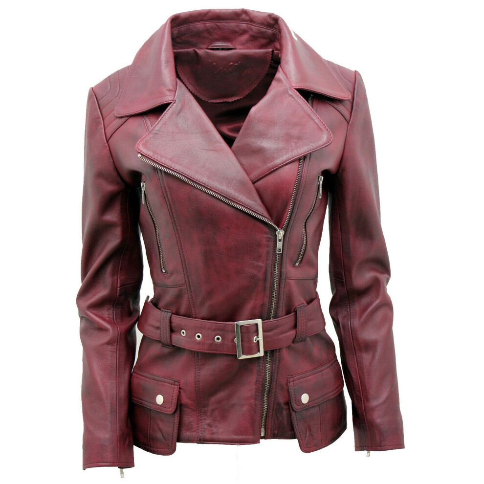 (24) Ladies Burgundy Long Feminine Leather Biker Jacket