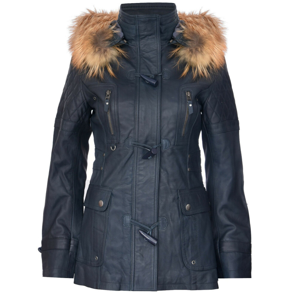 Infinity Leather (22) Womens Blue Leather Parka Detachable Hooded Coat