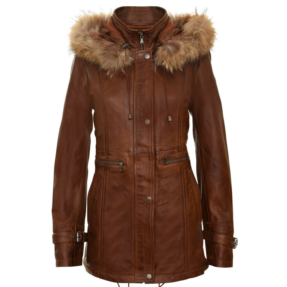 (3XL) Womens Tan Leather Detachable Hooded Parker Coat