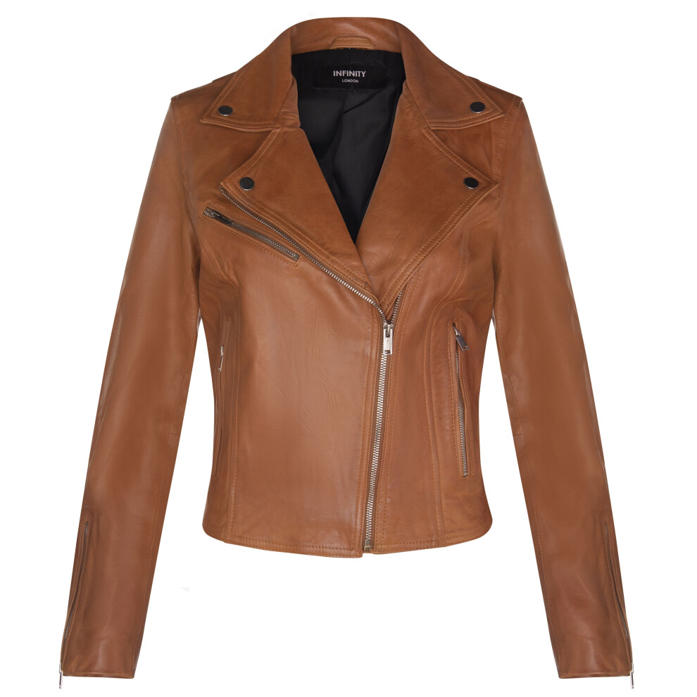 Infinity Leather Women's Brown (S) Leather Classic Biker Style Tan Jacket
